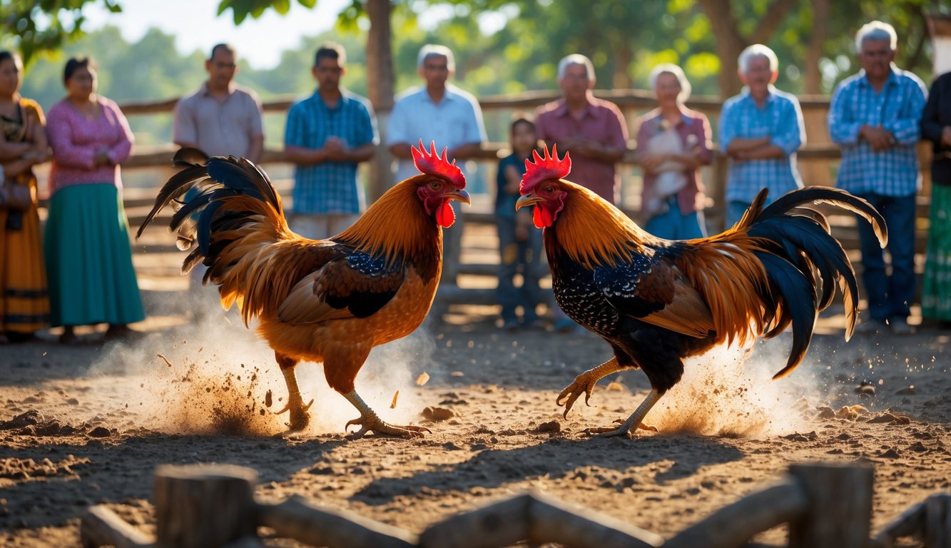 Dua ayam jago bertarung di arena terbuka dengan penonton yang memperhatikan di sekitarnya.