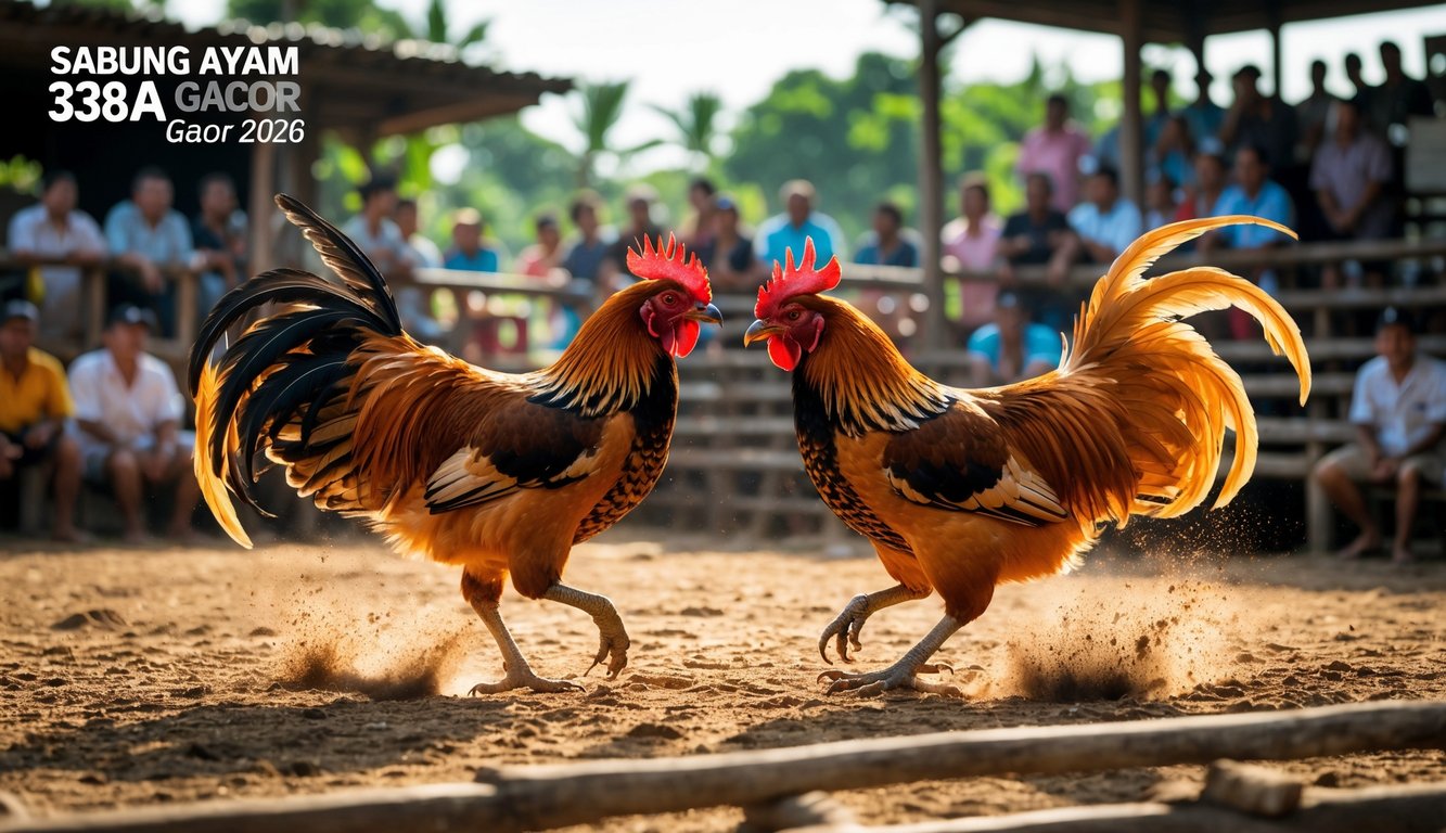 Dua ayam jago sedang bertarung di arena sabung ayam dengan penonton di latar belakang.