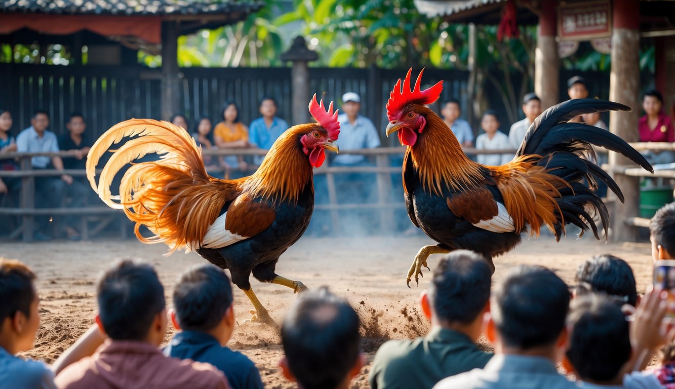 Dua ayam jago sedang bertarung di arena sabung ayam dengan penonton yang antusias di sekitarnya.