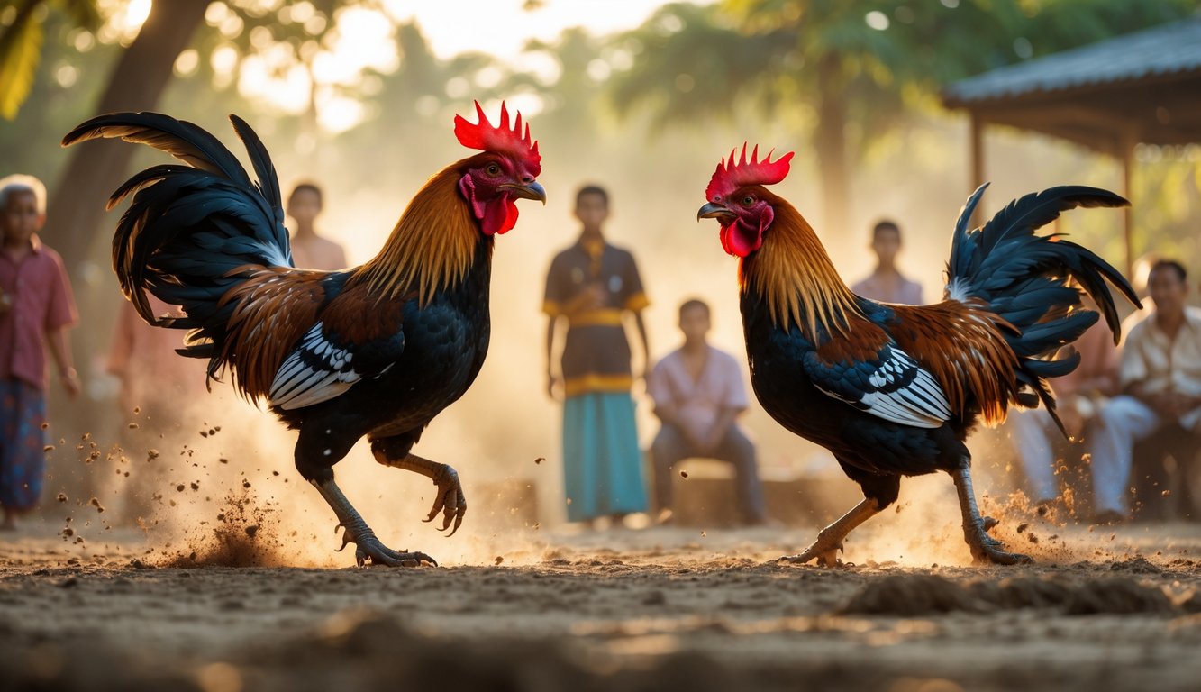 Dua ayam jago sedang bertarung di luar ruangan dengan beberapa penonton yang memperhatikan.