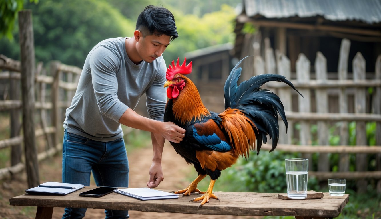 Seorang pria muda memegang ayam jago berwarna cerah di luar ruangan dengan latar pagar kayu dan pepohonan hijau.