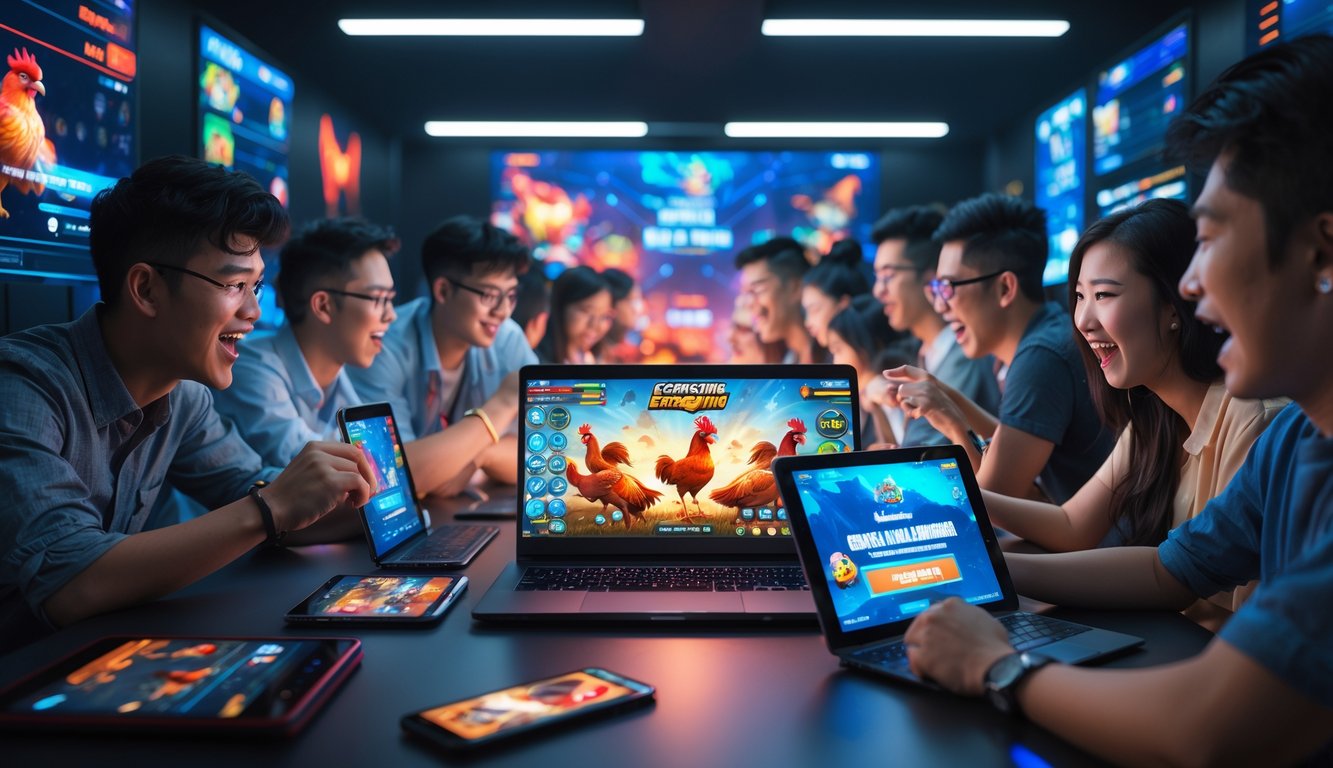 Sekelompok orang muda sedang bermain game online Sabung Ayam 338A Gacor dengan antusias di ruangan modern yang terang.