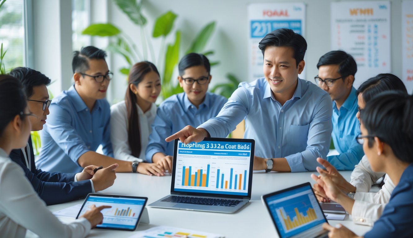Sekelompok orang sedang berdiskusi dan merencanakan strategi sabung ayam di ruang kantor modern.