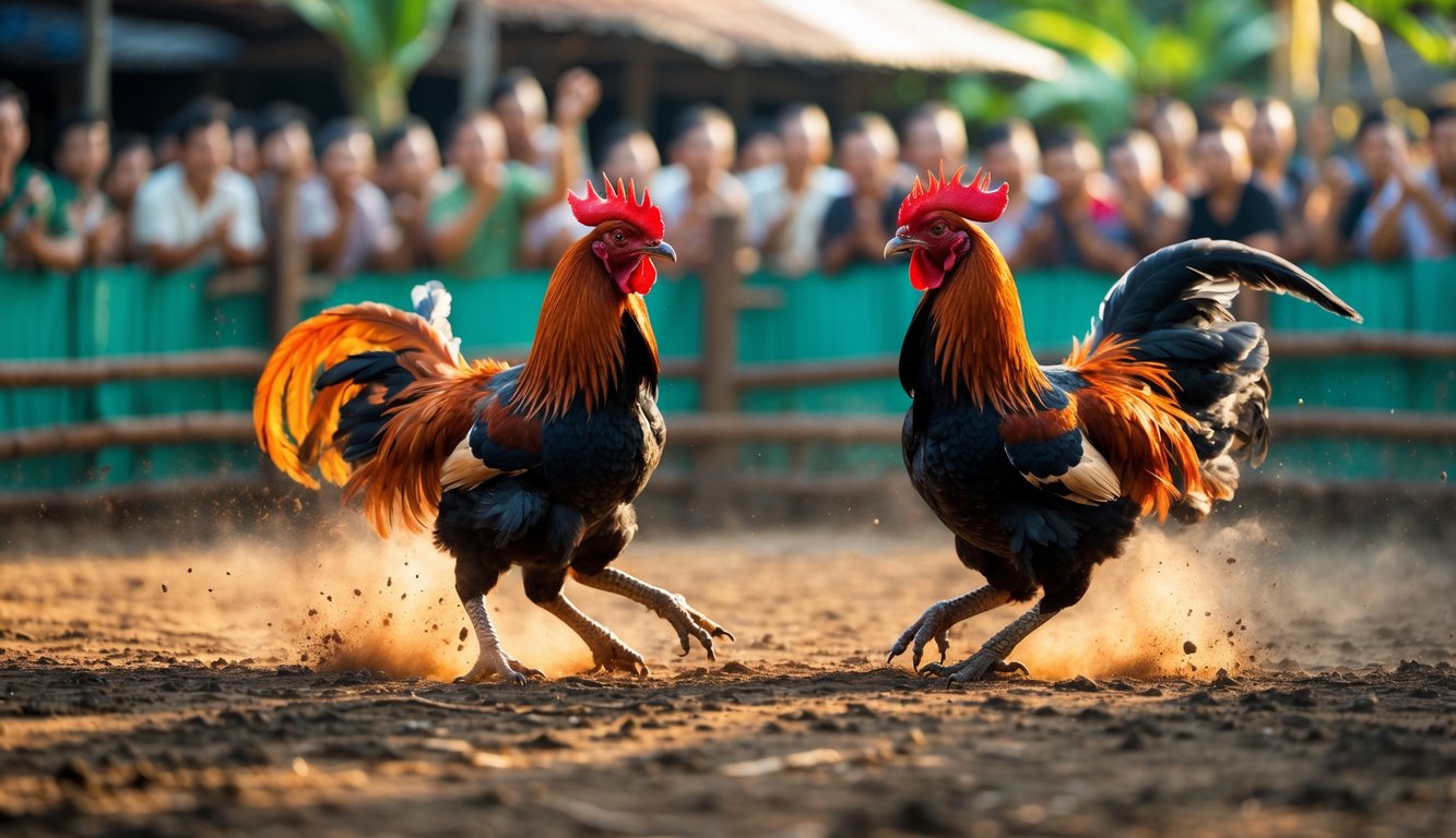 Dua ayam jago sedang bertarung di arena sabung ayam dengan penonton di latar belakang.