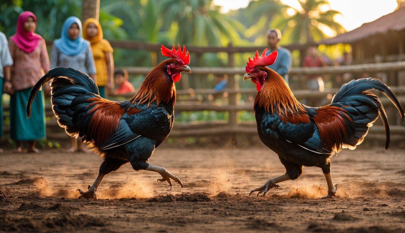 Dua ayam jago sedang bertarung di arena terbuka dengan penonton di sekitarnya di area pedesaan.