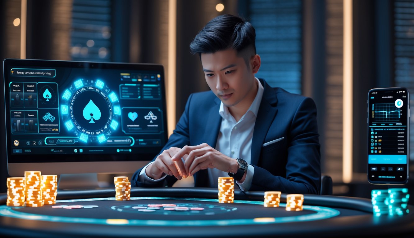 Seorang pemain poker duduk di meja poker dengan kartu dan chip, menggunakan laptop dan ponsel untuk melihat strategi menang.