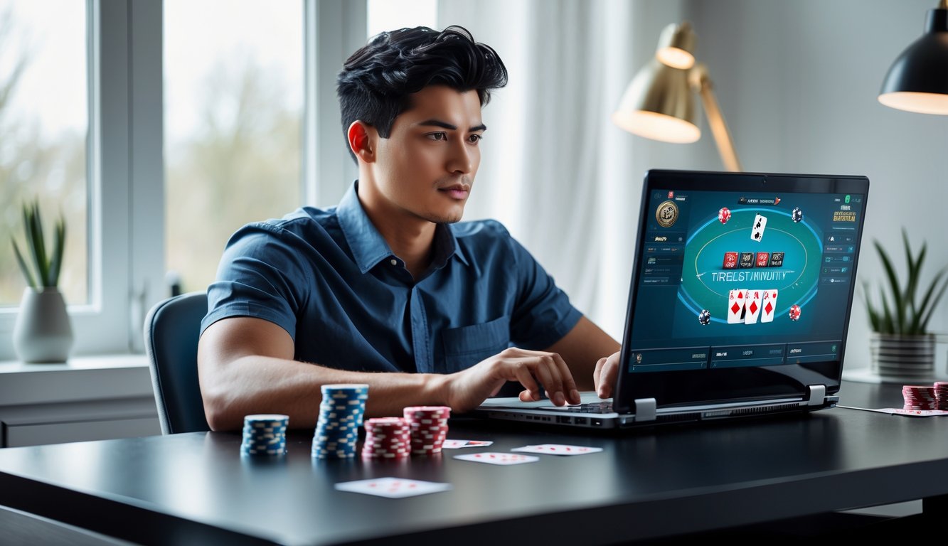 Seorang dewasa muda duduk di depan laptop di ruang kerja rumah yang terang, fokus bermain poker online dengan kartu dan chip poker di meja.