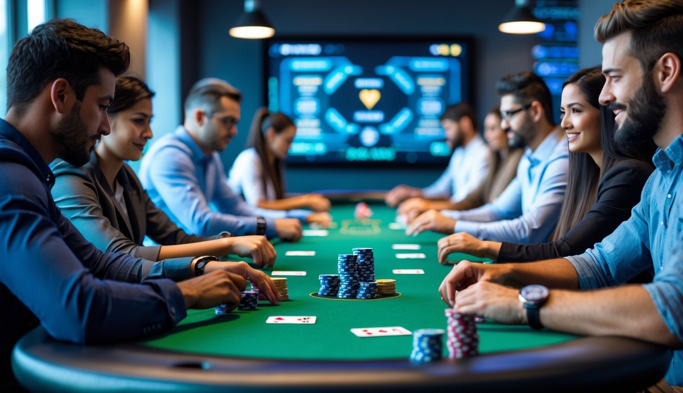 Beberapa orang sedang bermain poker di meja dengan chip dan kartu, fokus dan serius dalam suasana profesional.