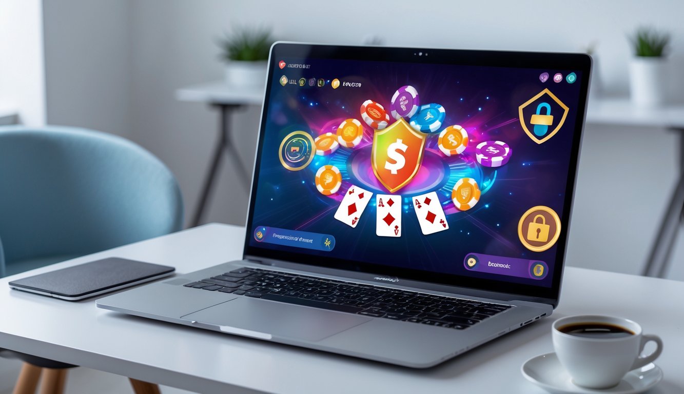 Seorang pemain poker online menggunakan laptop di meja kerja yang rapi dengan chip poker dan kartu bermain terlihat di layar.