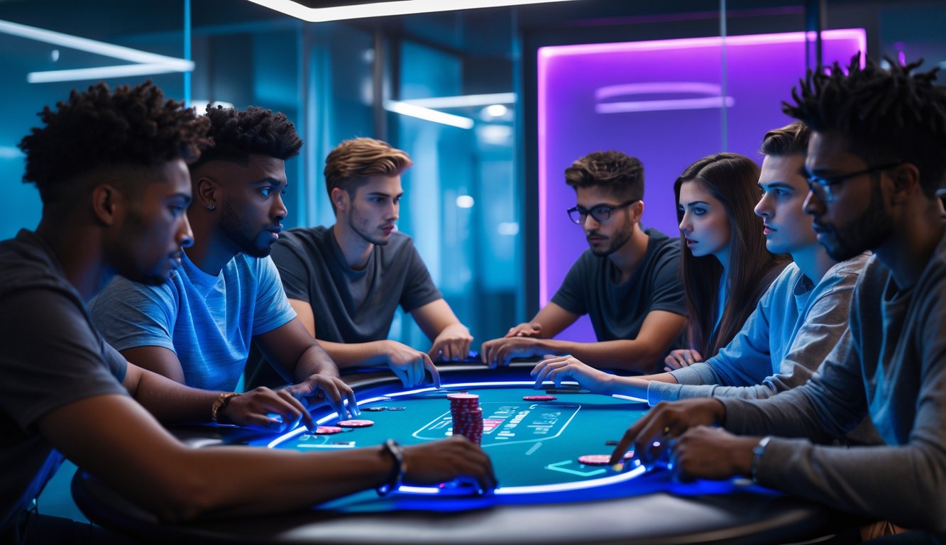 Beberapa orang muda serius bermain poker online di meja virtual dengan layar sentuh dan chip digital dalam ruangan modern dengan pencahayaan biru dan ungu.