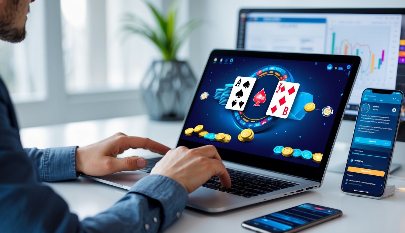 Seseorang menggunakan laptop dan ponsel di meja kerja yang rapi dengan tampilan permainan poker online di layar.