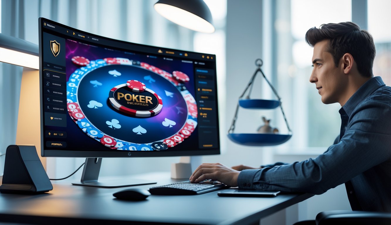 Seorang pria muda duduk di depan komputer dengan tampilan permainan poker online yang cerah dan modern.