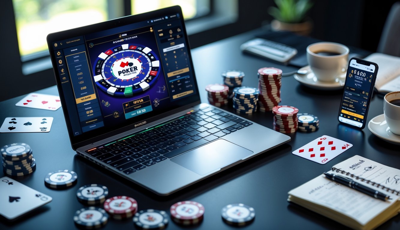 Seorang pemain poker online menggunakan laptop dengan chip poker dan kartu di meja, dikelilingi alat pengelolaan modal seperti kalkulator dan buku catatan.