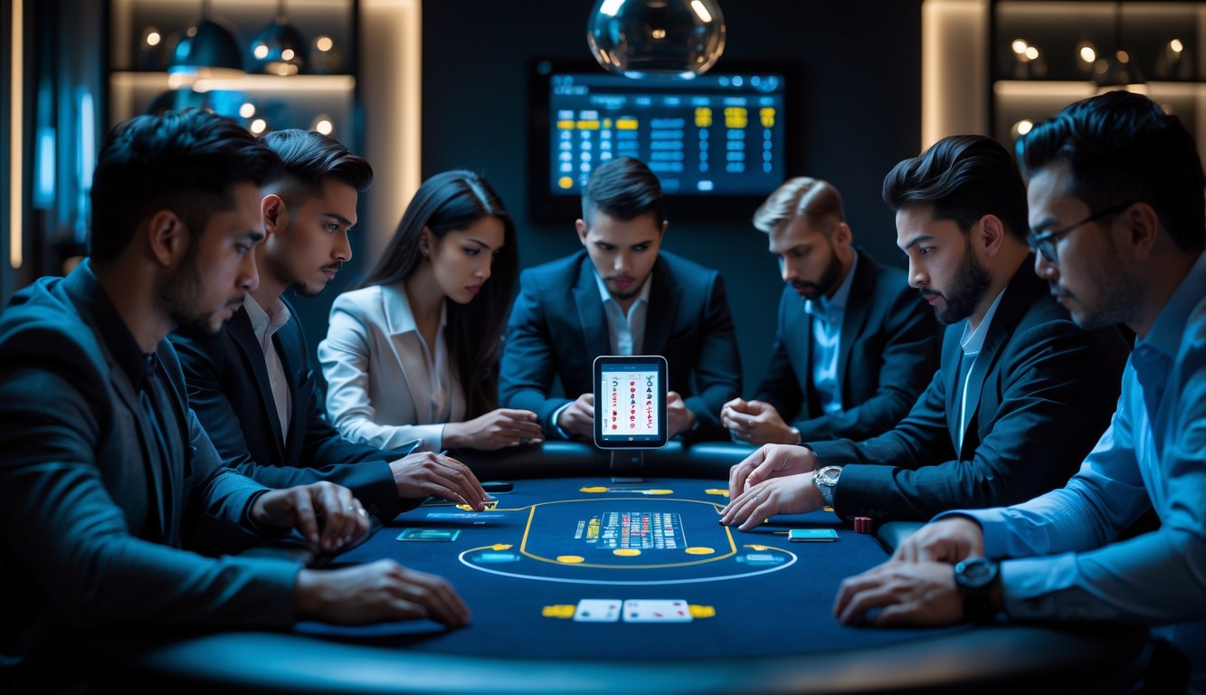Sekelompok pemain poker serius duduk di sekitar meja poker modern dengan kartu dan chip digital, menggunakan perangkat elektronik untuk strategi bermain.