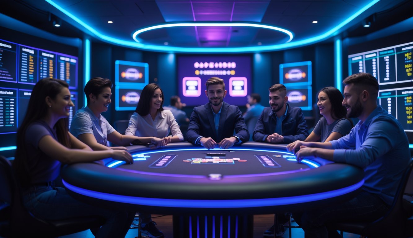 Beberapa orang bermain poker online di meja digital futuristik dengan lampu neon di ruangan modern yang gelap.