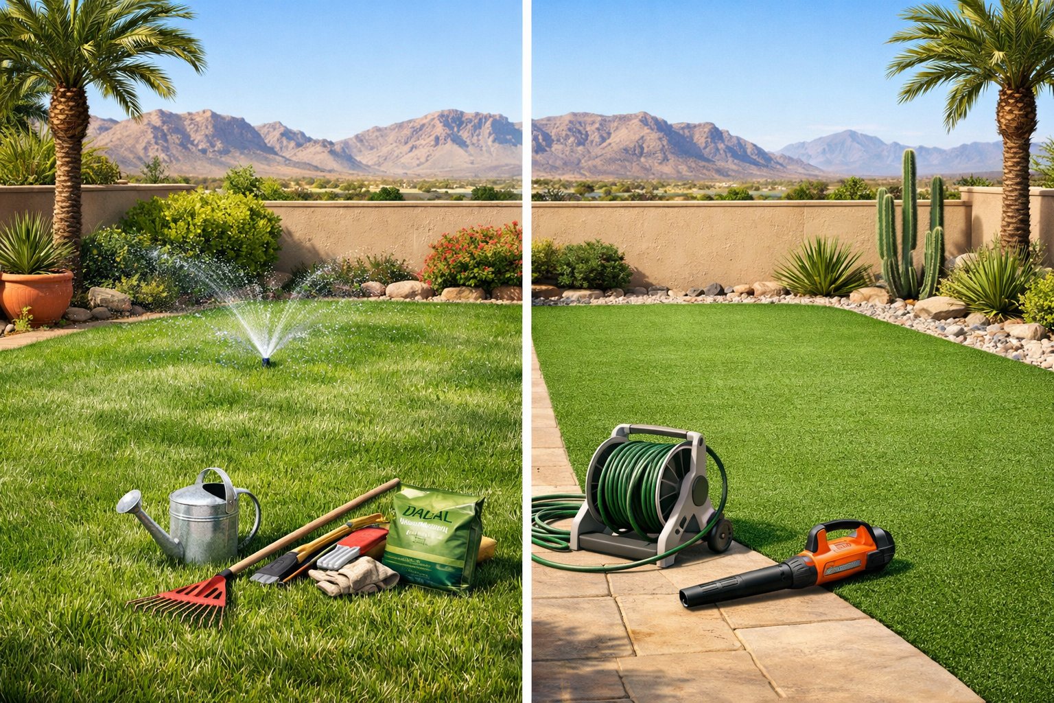 A backyard scene split into two halves showing natural grass with lawn care tools and sprinklers on one side, and artificial turf with maintenance equipment on the other, set against a desert landscape with mountains and palm trees.