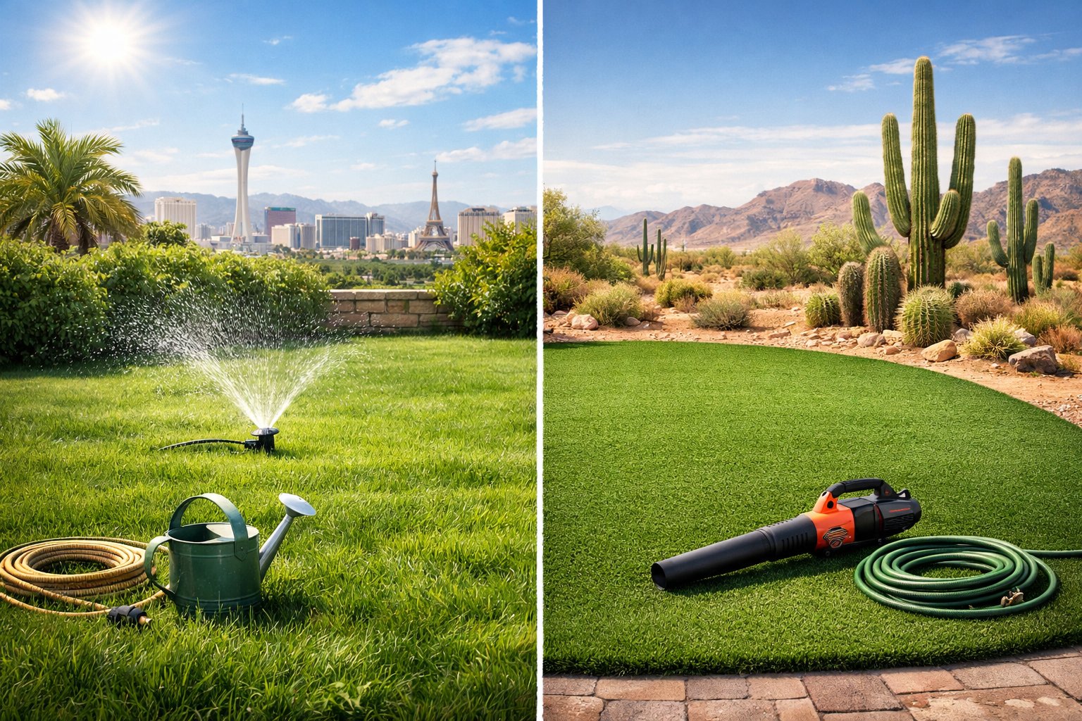 A split scene showing a real grass lawn with irrigation tools on one side and a neatly kept artificial turf lawn on the other, set against a desert background with mountains and city skyline.