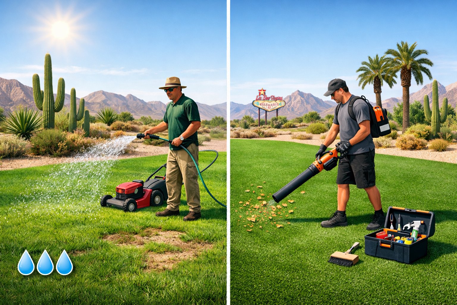 A split scene showing a gardener watering real grass on one side and a worker cleaning artificial turf on the other, with desert plants and mountains in the background.