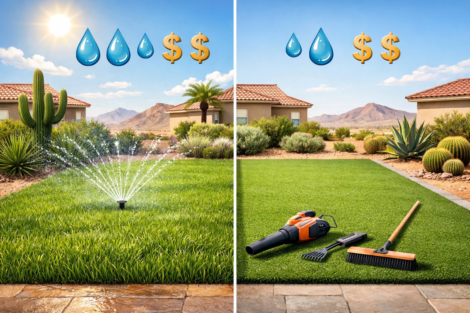 A split scene showing a real grass lawn being watered with sprinklers on one side and an artificial turf lawn without watering on the other, set in a Las Vegas desert neighborhood.