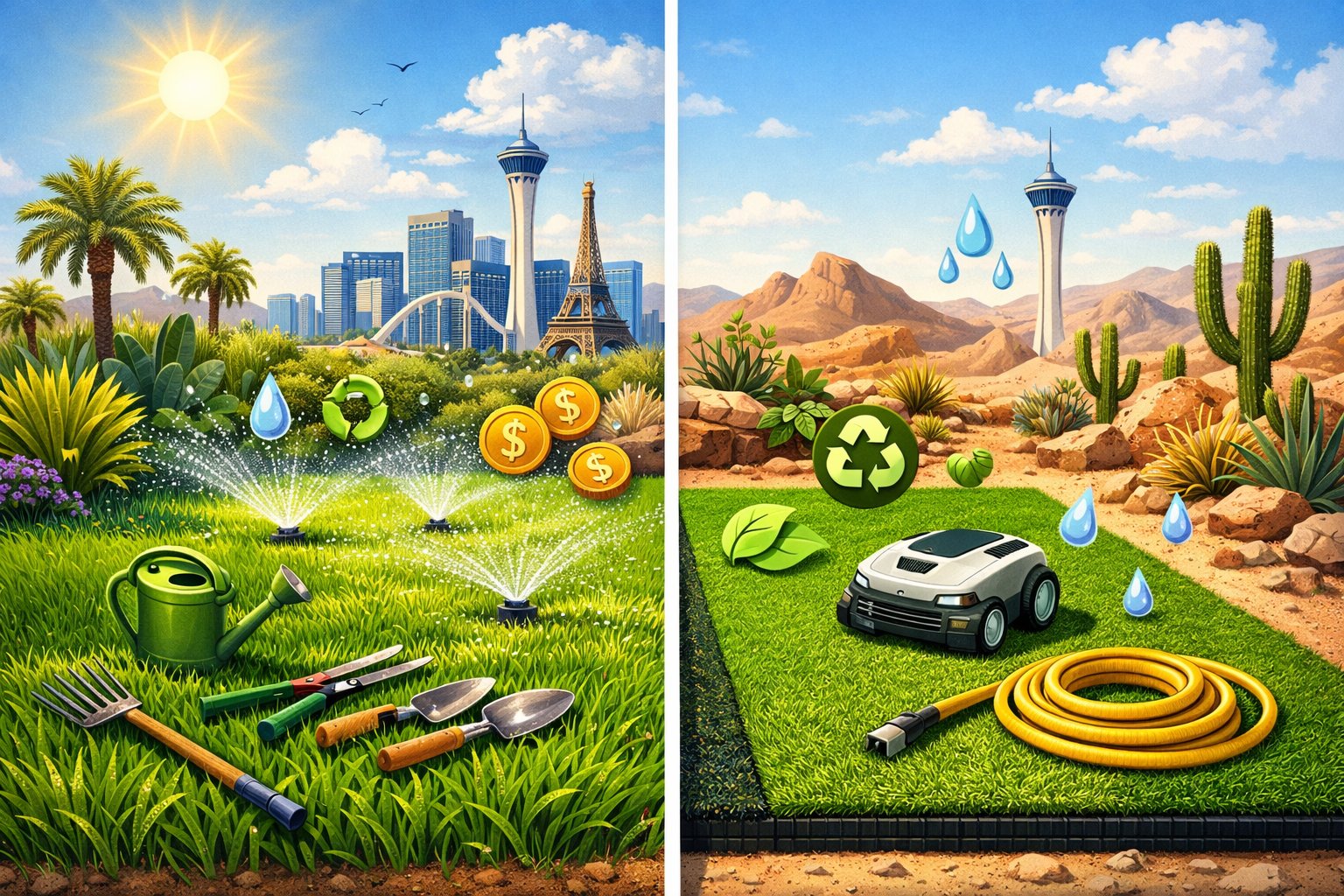 A split scene showing natural grass with watering tools and desert plants on one side, and artificial turf with maintenance equipment on the other, set against a Las Vegas cityscape under a clear sky.