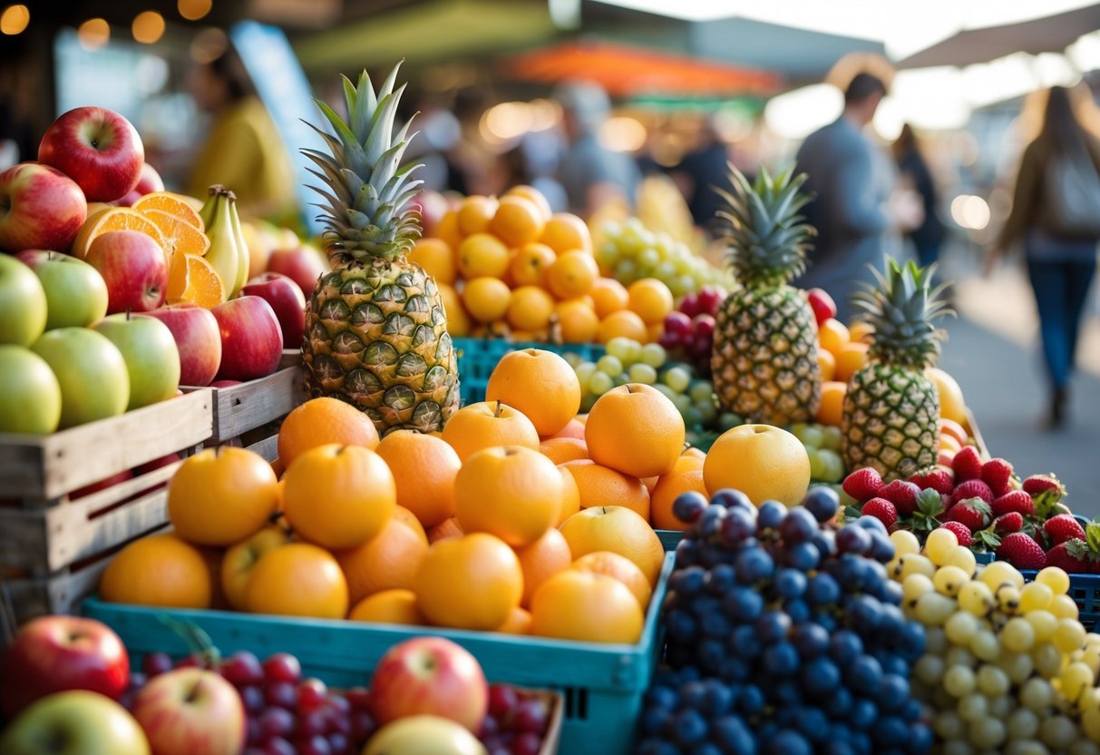 A display of fresh fruits including apples, oranges, bananas, strawberries, grapes, and pineapples at a local market with shoppers in the background.