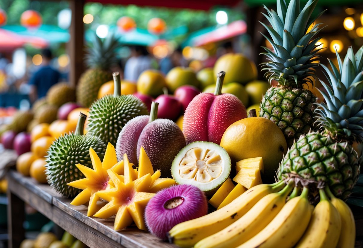 A colorful assortment of tropical fruits including durians, mangosteens, rambutans, starfruits, pineapples, and bananas displayed on a wooden market stall with a blurred outdoor market background.