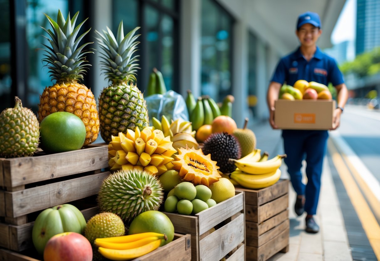 A delivery person carrying a box of fresh tropical fruits with crates of pineapples, rambutans, and other fruits displayed on a sunny street in Singapore.