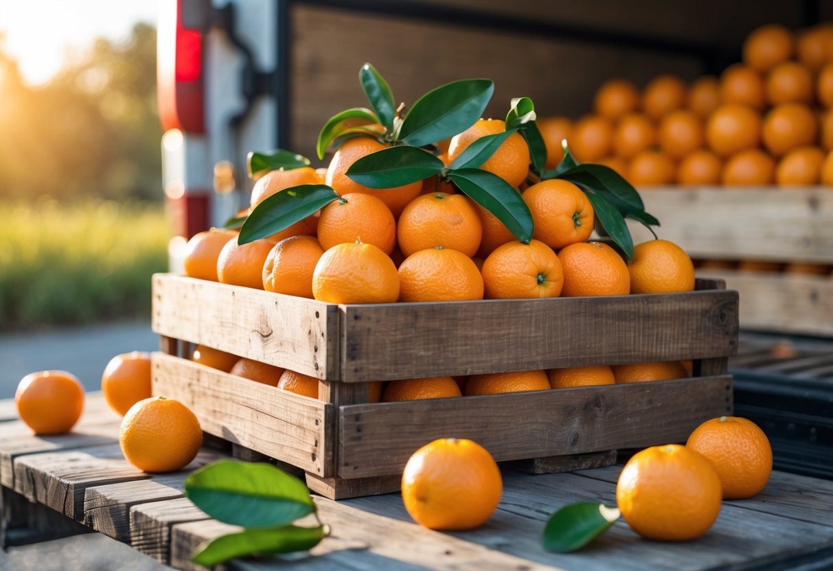 A crate filled with fresh mandarin oranges outdoors, with some mandarins scattered around.