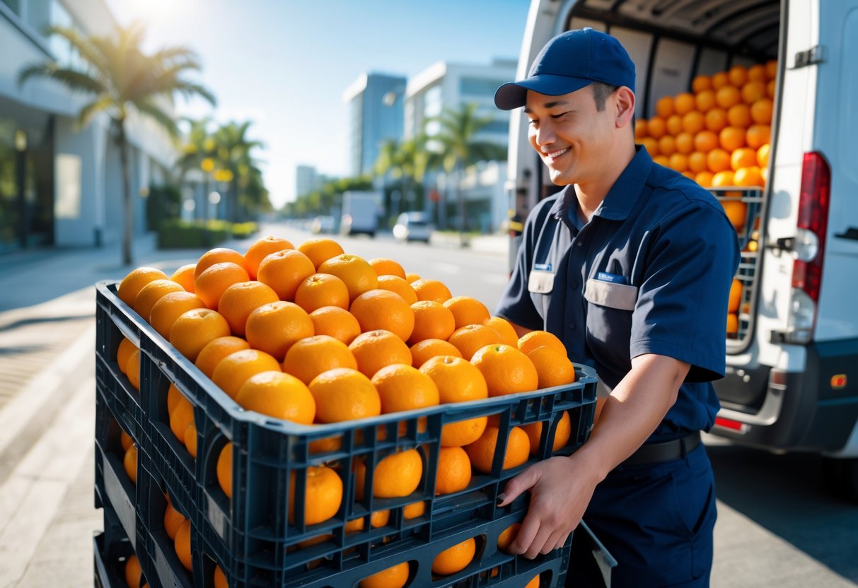 A delivery person handling a crate of fresh mandarin oranges next to a delivery van in a sunny urban setting.