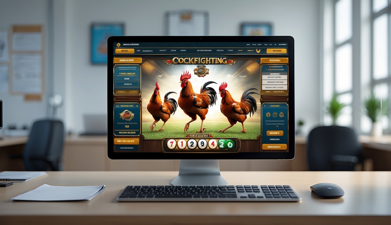 Sebuah layar komputer menampilkan permainan sabung ayam online dengan latar kantor yang rapi dan profesional.