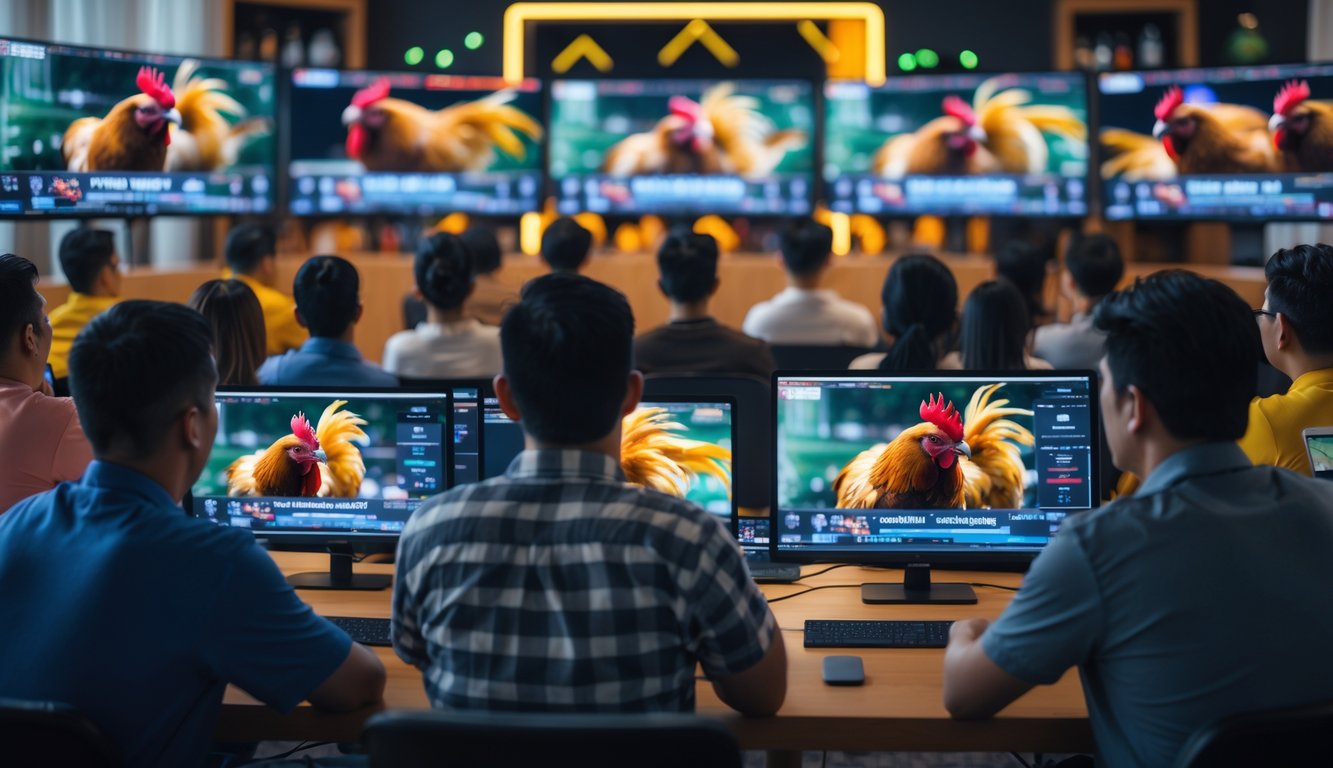 Orang-orang menonton siaran langsung sabung ayam secara online dengan beberapa layar menampilkan ayam bertarung.