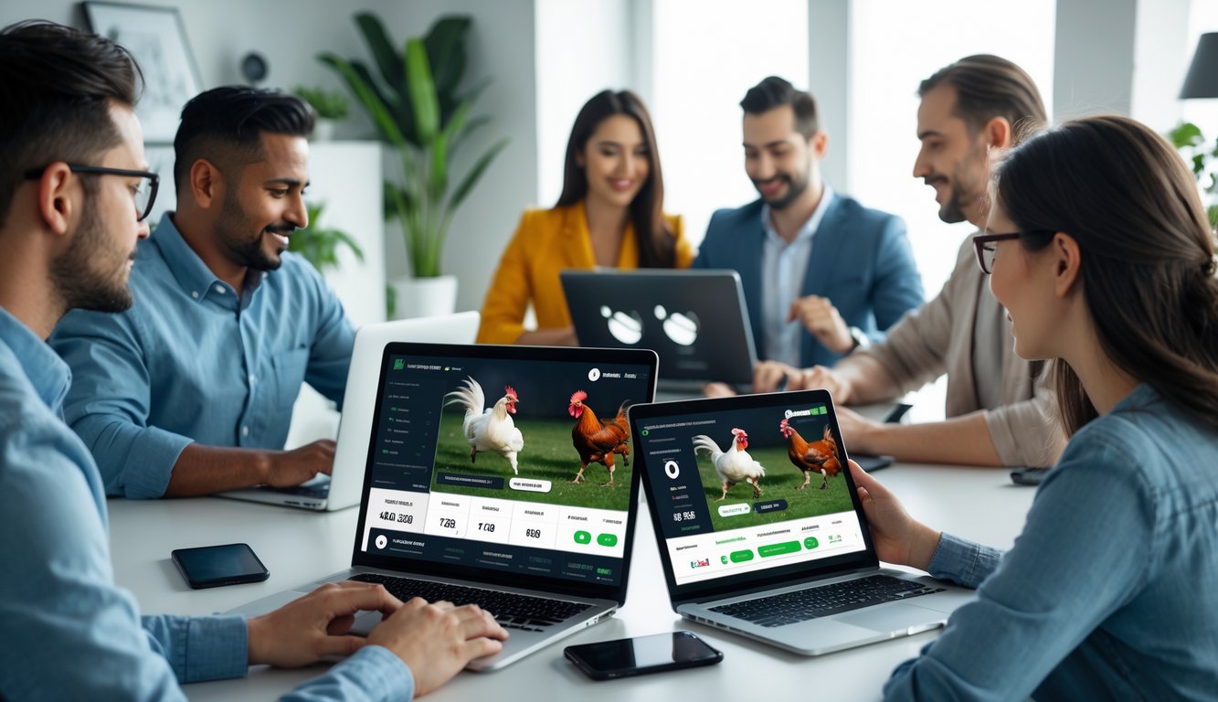 Orang-orang menggunakan laptop dan ponsel untuk bertaruh sabung ayam secara online di ruang kerja modern.