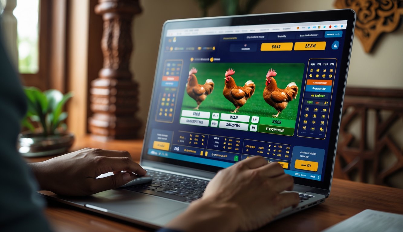 Seseorang menggunakan komputer untuk memasang taruhan sabung ayam secara online dengan tampilan antarmuka taruhan yang berwarna-warni dan suasana ruangan yang hangat.