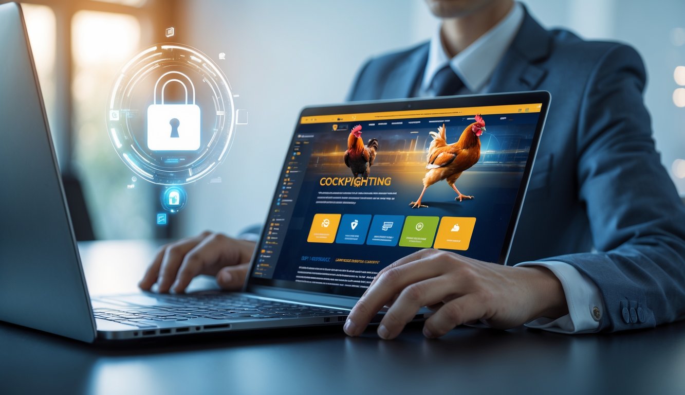 Seorang pengguna sedang menggunakan laptop dengan tampilan situs sabung ayam online yang aman dan terpercaya di lingkungan kantor modern.