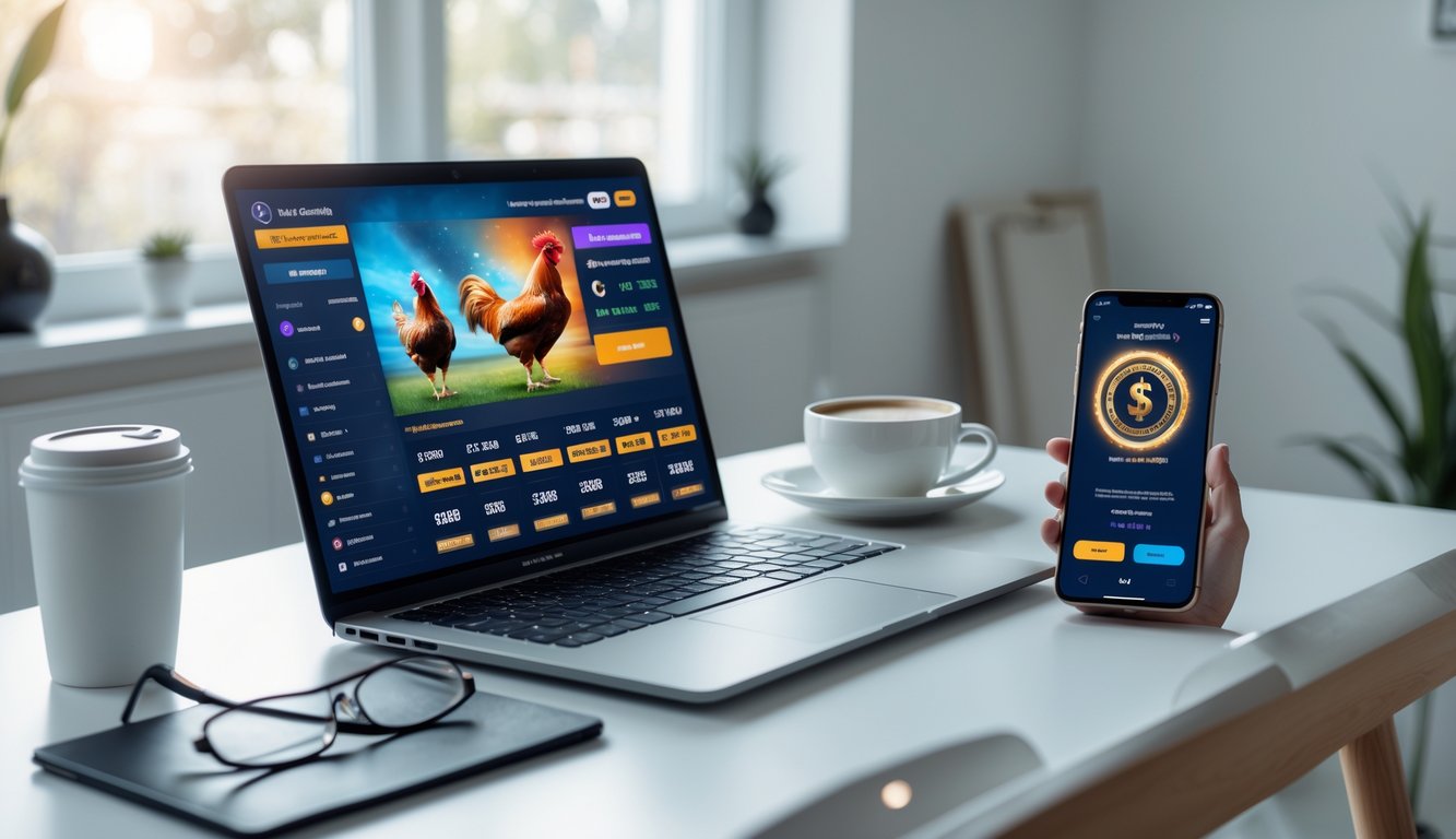 Seseorang menggunakan laptop dan ponsel untuk memasang taruhan sabung ayam online dengan deposit kecil di ruang kerja yang rapi.