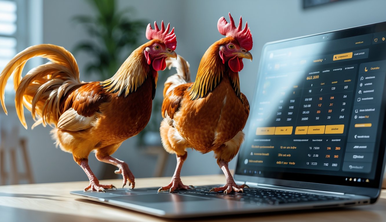 Dua ayam jago sedang bertarung dengan latar belakang layar perangkat digital yang menampilkan informasi taruhan secara online.