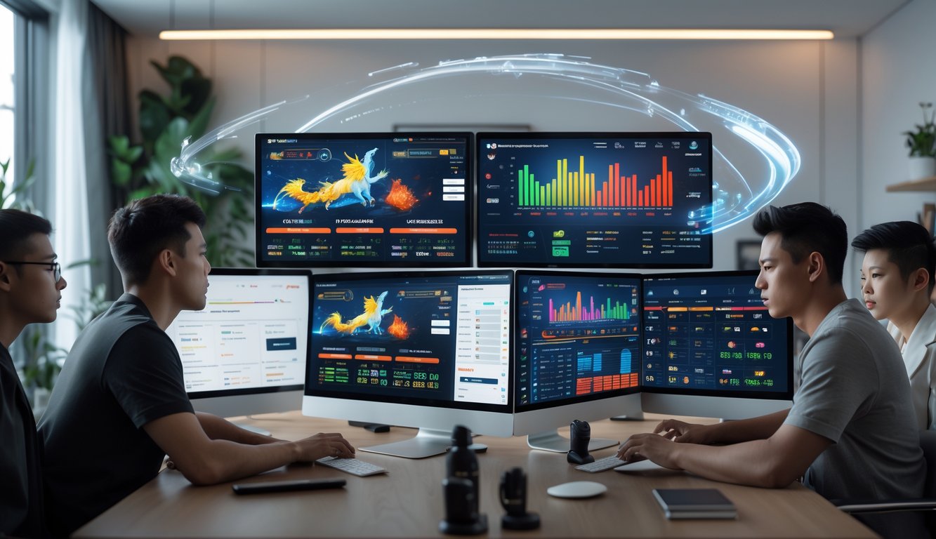 Orang-orang muda sedang menggunakan komputer dengan layar menampilkan grafik dan antarmuka permainan sabung ayam online di ruangan kantor modern.
