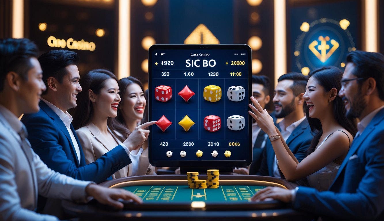 Orang-orang sedang bermain permainan Sic Bo online di lingkungan kasino modern dengan perangkat digital.