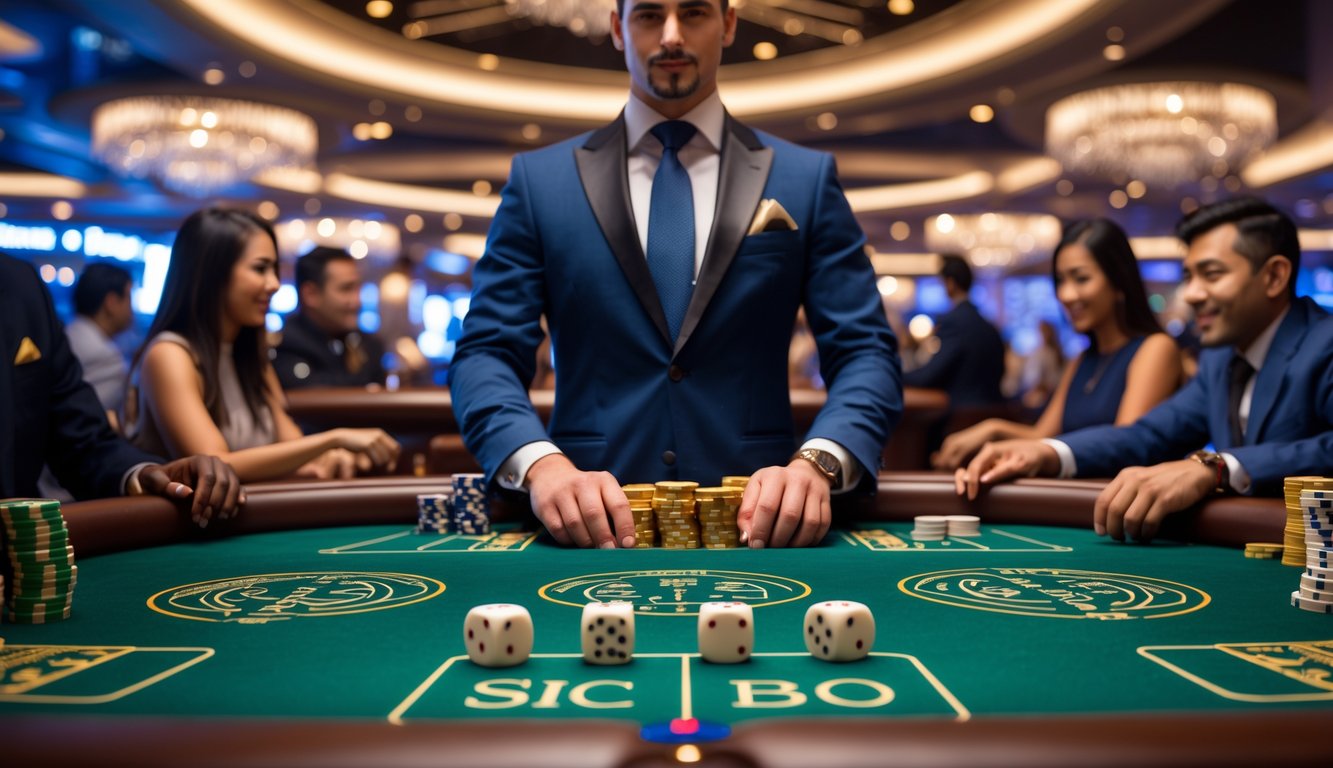 Suasana kasino langsung dengan dealer yang sedang mengelola permainan Sic Bo di meja hijau, dikelilingi oleh pemain yang antusias dan pencahayaan elegan.