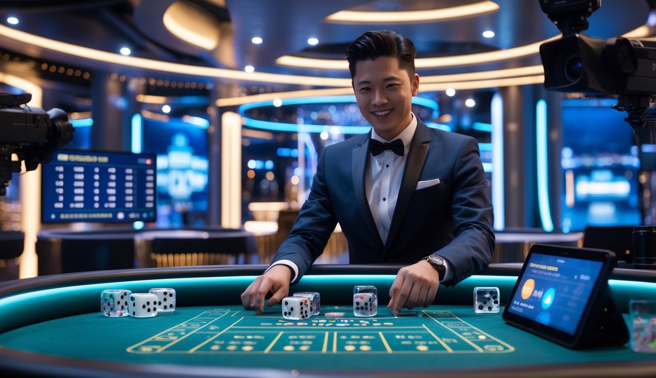 Seorang dealer nyata sedang menjalankan permainan Sicbo online secara langsung di meja kasino modern dengan peralatan teknologi tinggi.