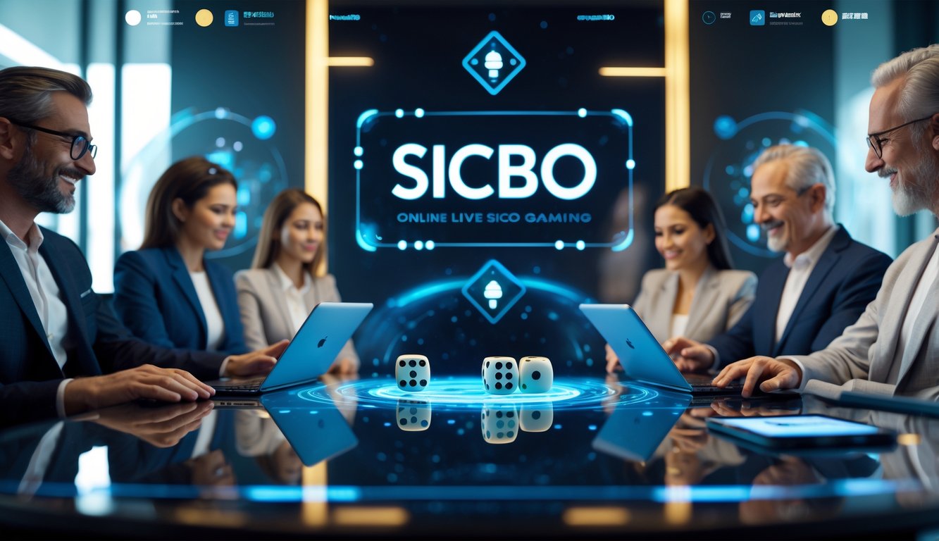 Orang-orang bermain permainan dadu Sicbo secara online di ruangan modern dengan perangkat digital.