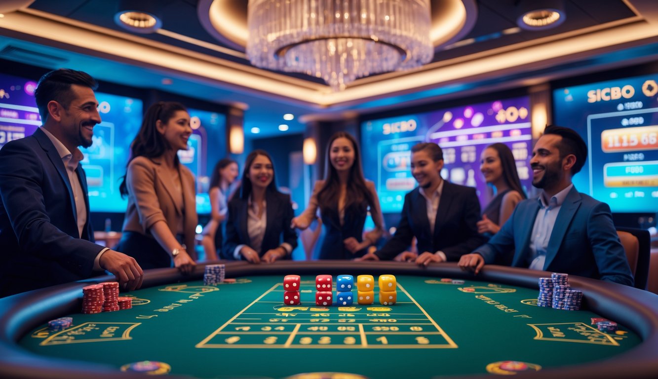 Suasana kasino langsung dengan pemain yang sedang bermain Sicbo di meja permainan dengan dadu berwarna-warni dan layar digital di latar belakang.