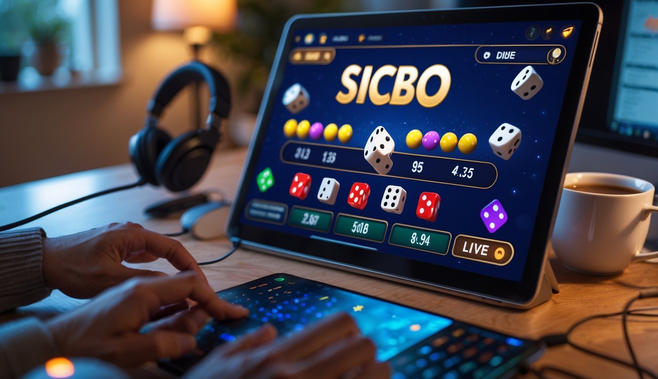 Suasana permainan Sicbo online dengan layar komputer menampilkan dadu dan pilihan taruhan, di ruang rumah yang nyaman dengan pencahayaan hangat.