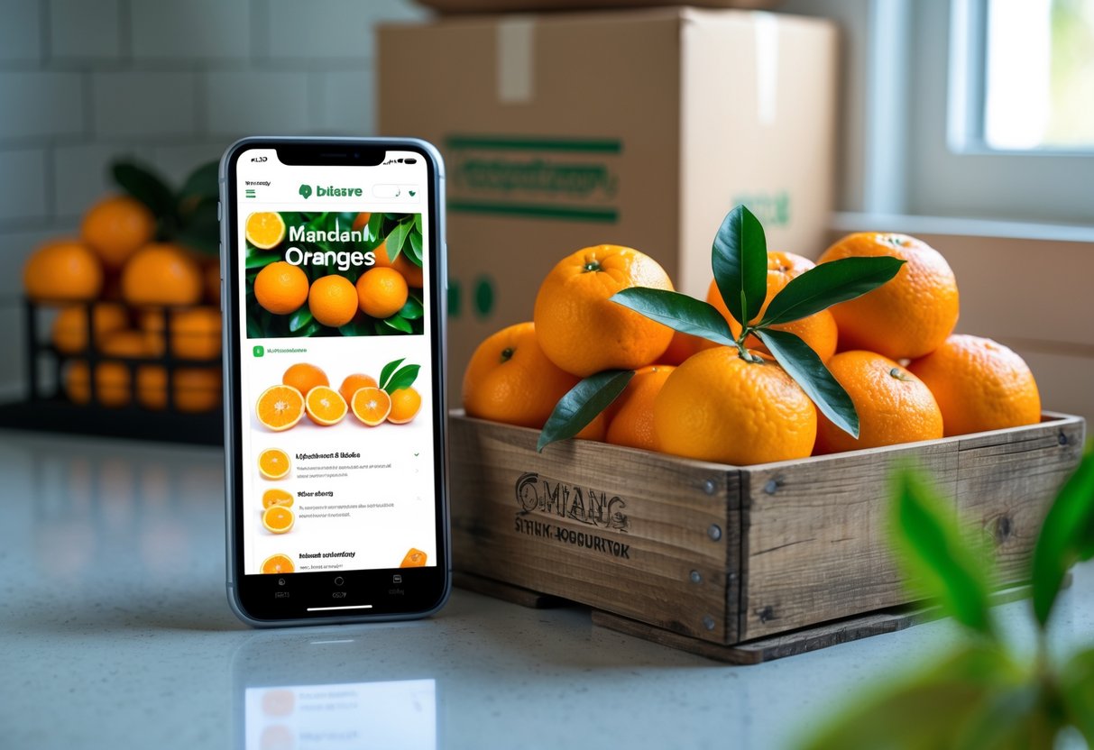 A smartphone showing an online shopping app next to a crate of fresh mandarin oranges on a kitchen countertop with a delivery box in the background.