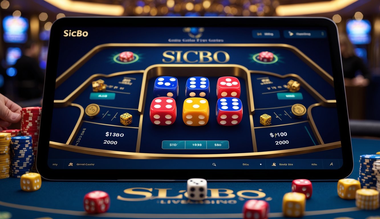 Layar komputer menampilkan permainan Sicbo kasino langsung online dengan dadu berwarna cerah dan opsi taruhan, di latar belakang suasana kasino mewah dengan pencahayaan hangat.