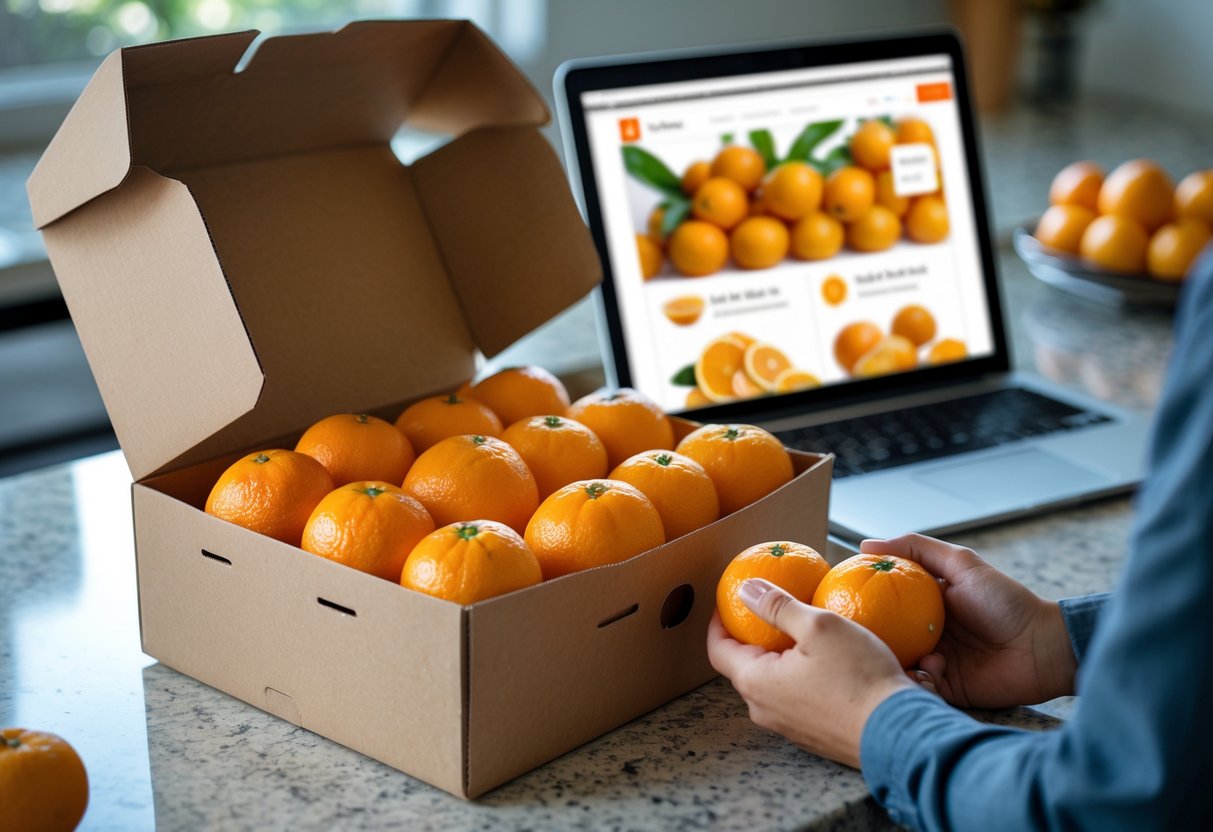 Hands placing fresh mandarin oranges into an open delivery box on a kitchen countertop with a laptop showing an online shopping screen in the background.