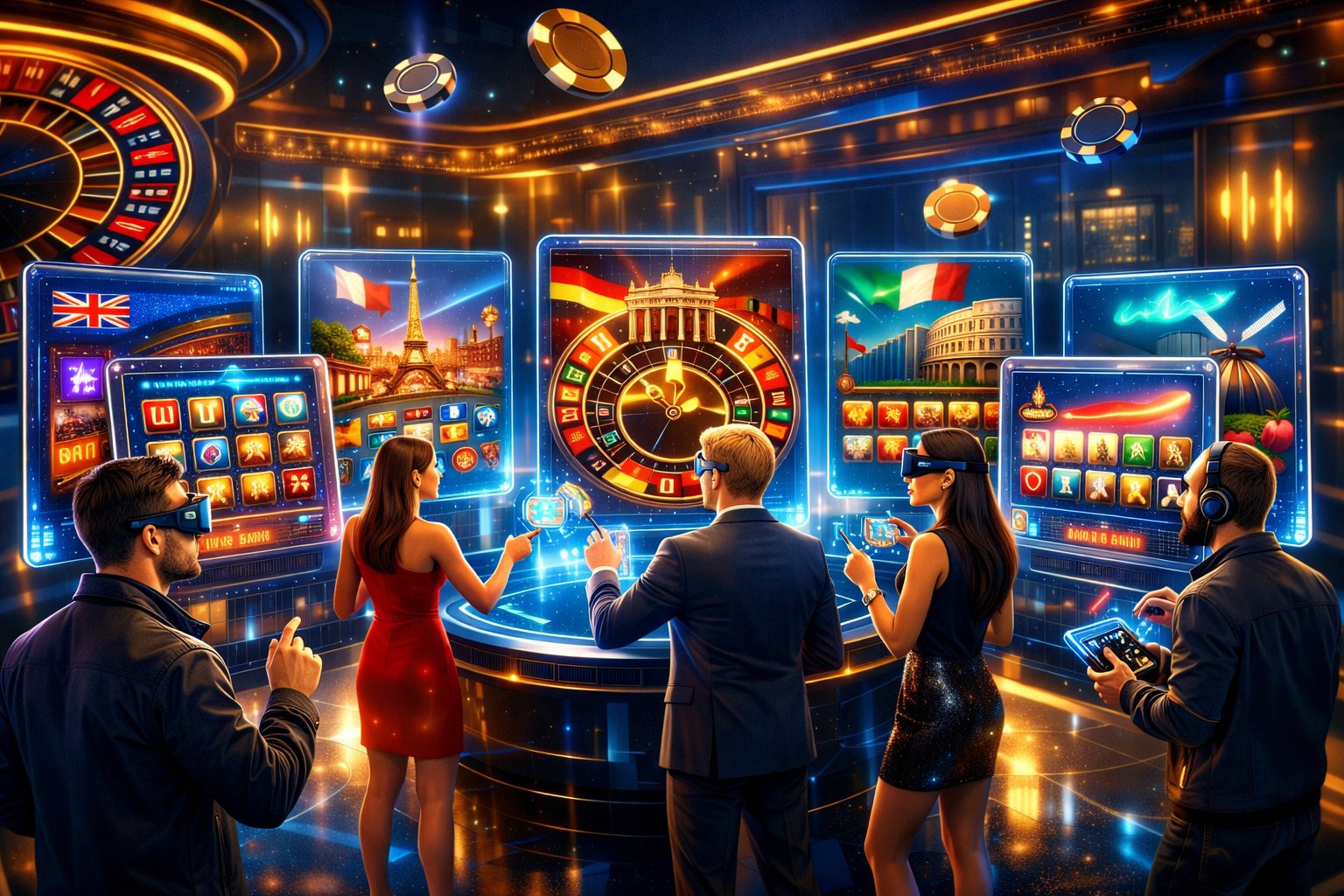 A futuristic casino lounge with seven holographic screens showing different European online casino games and diverse players interacting with them.