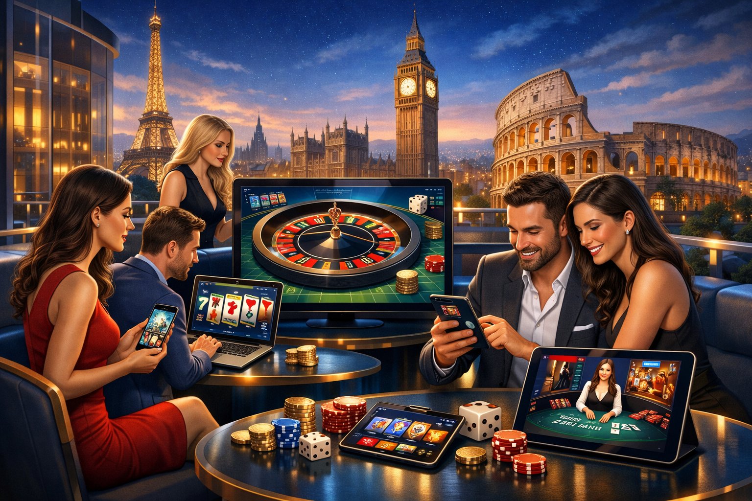 People playing various online casino games on devices with a European cityscape in the background.