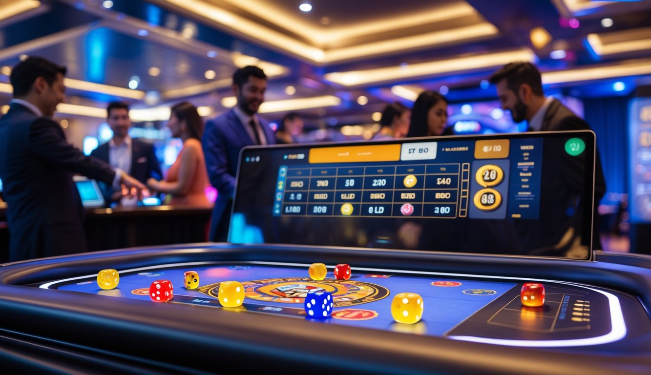 Suasana kasino online dengan meja Sic Bo digital dan pemain yang sedang bertaruh menggunakan perangkat elektronik.