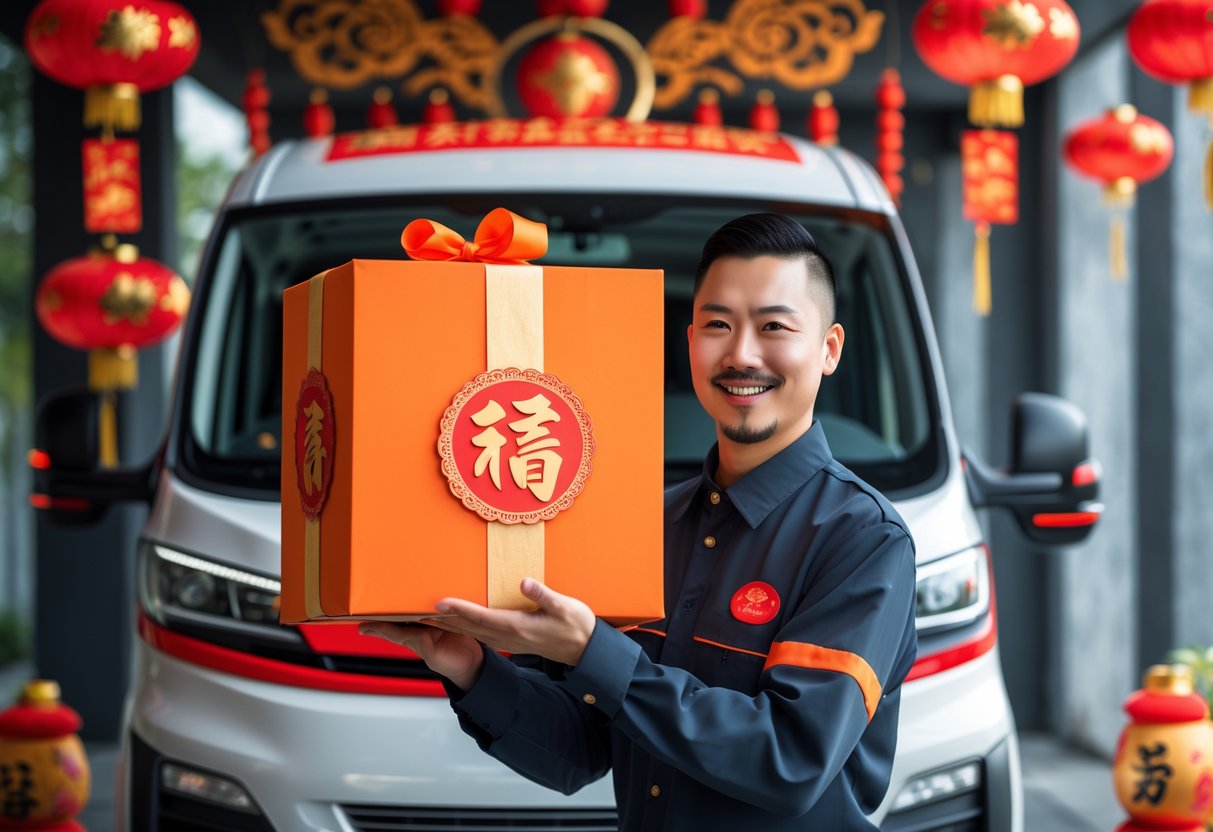 A delivery person holding a bright orange box next to a delivery vehicle with Chinese New Year decorations in the background.